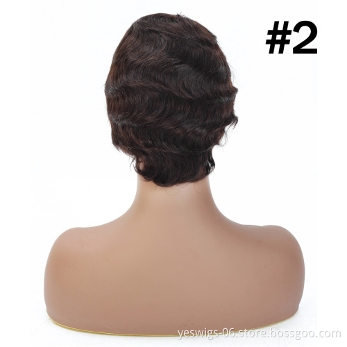 Wholesale Pixie Cut Short Human Hair Wig Finger Wave For Black Women, Raw Indian Virgin Cuticle Aligned Hair Wavy Wig Color 33#